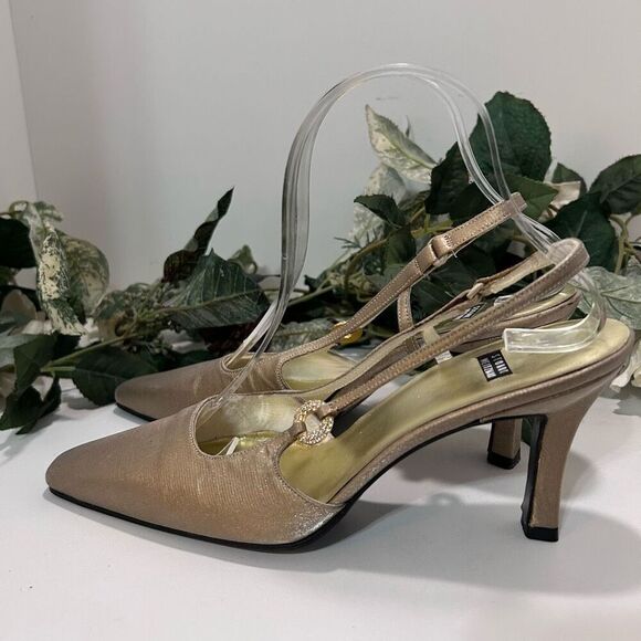 NWOT Stuart Weitzman Heels Women's Size 8.5 Gold Slingback Shimmery Ankle Strap - Picture 7 of 14